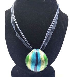 Gorgeous Vintage 90s Blown Glass Chunky Pendant Necklace 19in 2in pendant